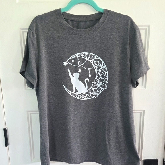 Cat Crescent Moon Stars Gray White Tee T Shirt Size XXL plus Size Quarter Moon - Picture 1 of 4